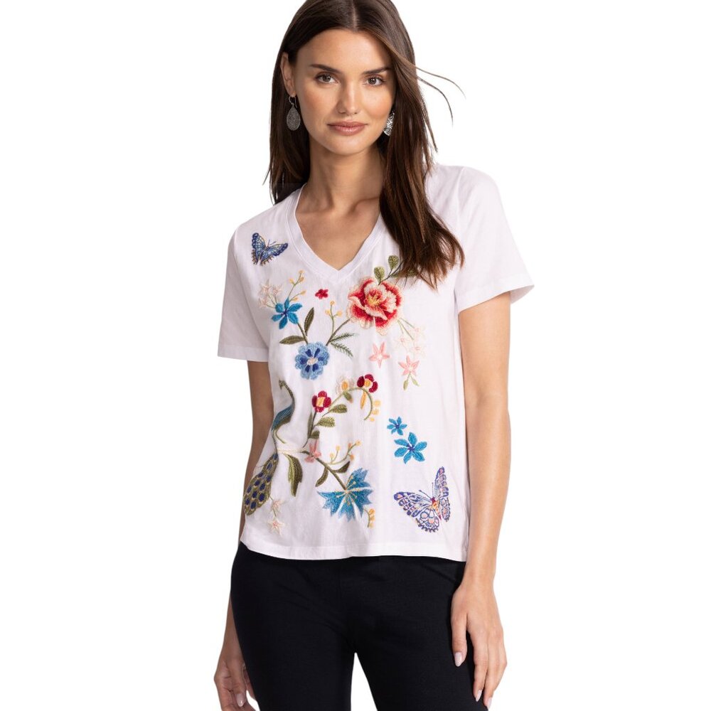 Johnny Was Nicolette V Short Tee Cotton Shirt Floral Embroidery Top White M NEW